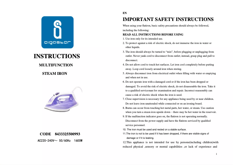 Page 1 de la notice Manuel utilisateur Aigostar Ceramic Purple 31HGE