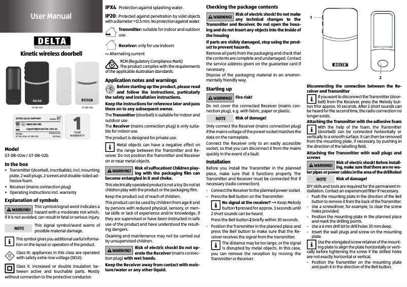 Page 1 de la notice Manuel utilisateur Delta GT-DB-01w