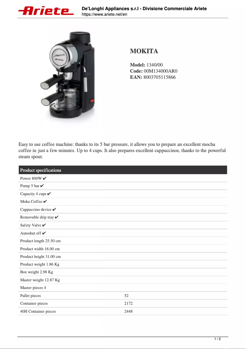 Page 1 de la notice Fiche technique Ariete Mokita 1340
