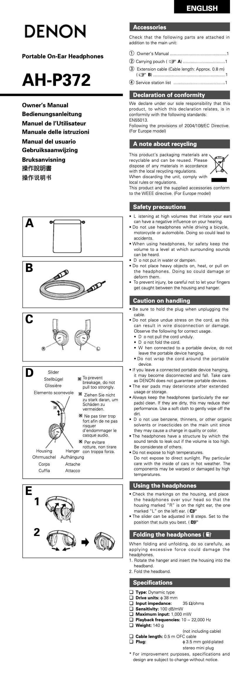 Page 1 de la notice Manuel utilisateur Denon AH-P372