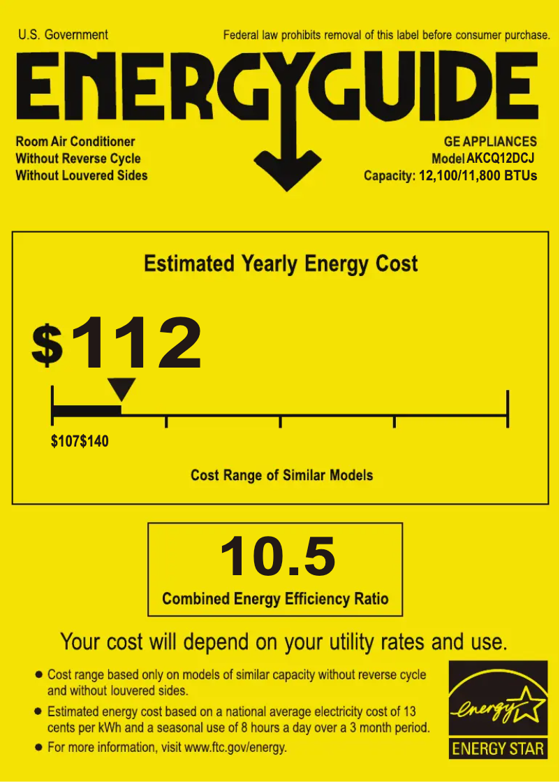 Page 1 de la notice Label énergétique GE AKCQ12DCJ