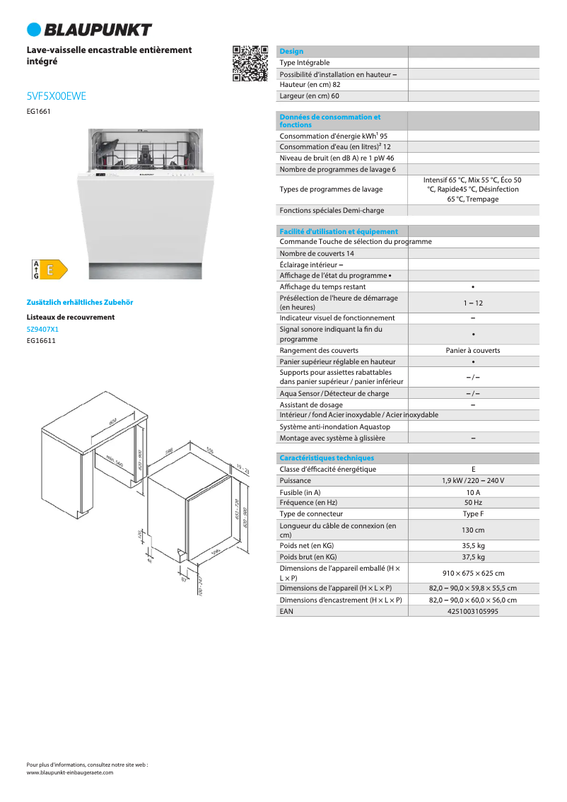 Page 1 de la notice Fiche technique Blaupunkt 5VF5X00EWE