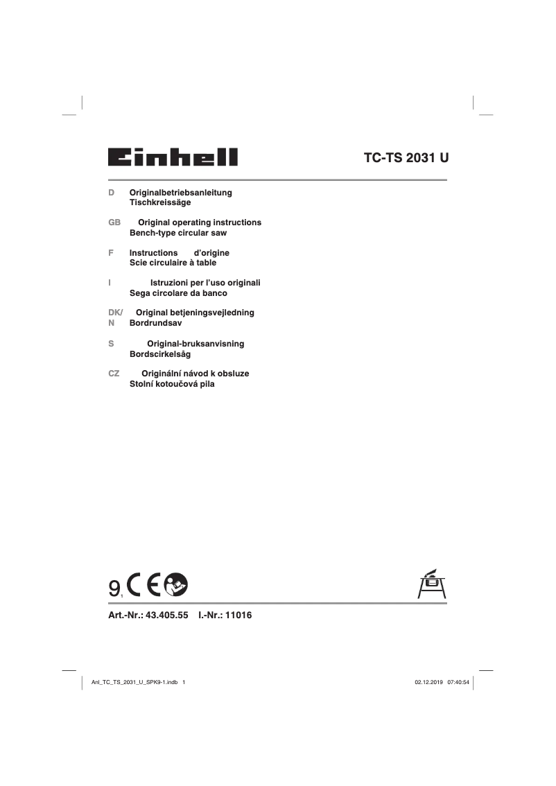 Page n°1 - Manuel utilisateur Einhell TC-TS 2031 U