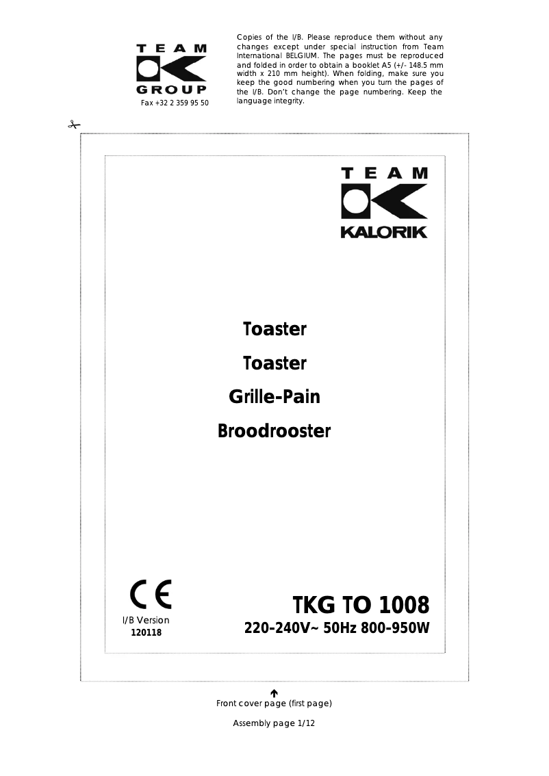 Page 1 de la notice Manuel utilisateur Kalorik TKG TO 1008