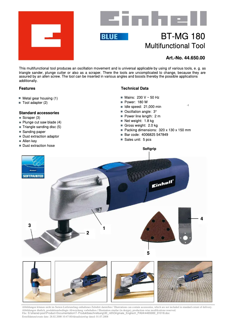 Page 1 de la notice Manuel utilisateur Einhell BT-MG 180/1