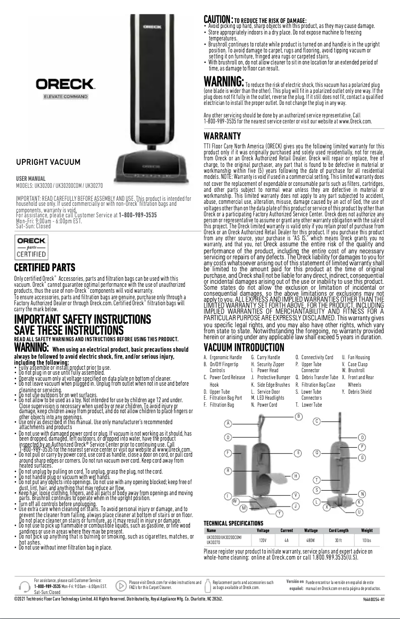 Page n°1 - Manuel utilisateur Oreck Elevate Command UK30200PC