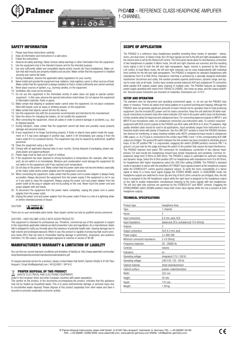 Page 1 de la notice Manuel utilisateur Palmer HDA 02
