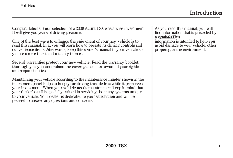 Image de la première page du manuel de l'appareil TSX (2009)