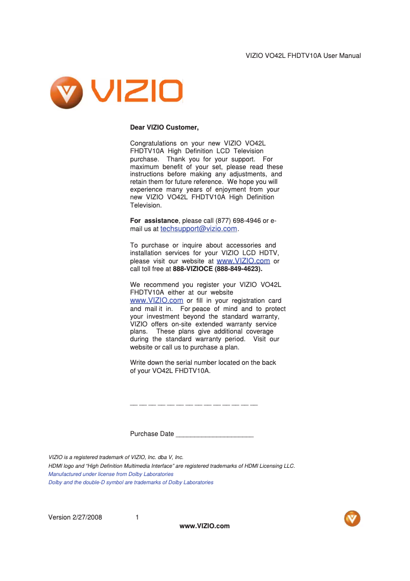 Page 1 de la notice Manuel utilisateur VIZIO VO37LFHDTV10A