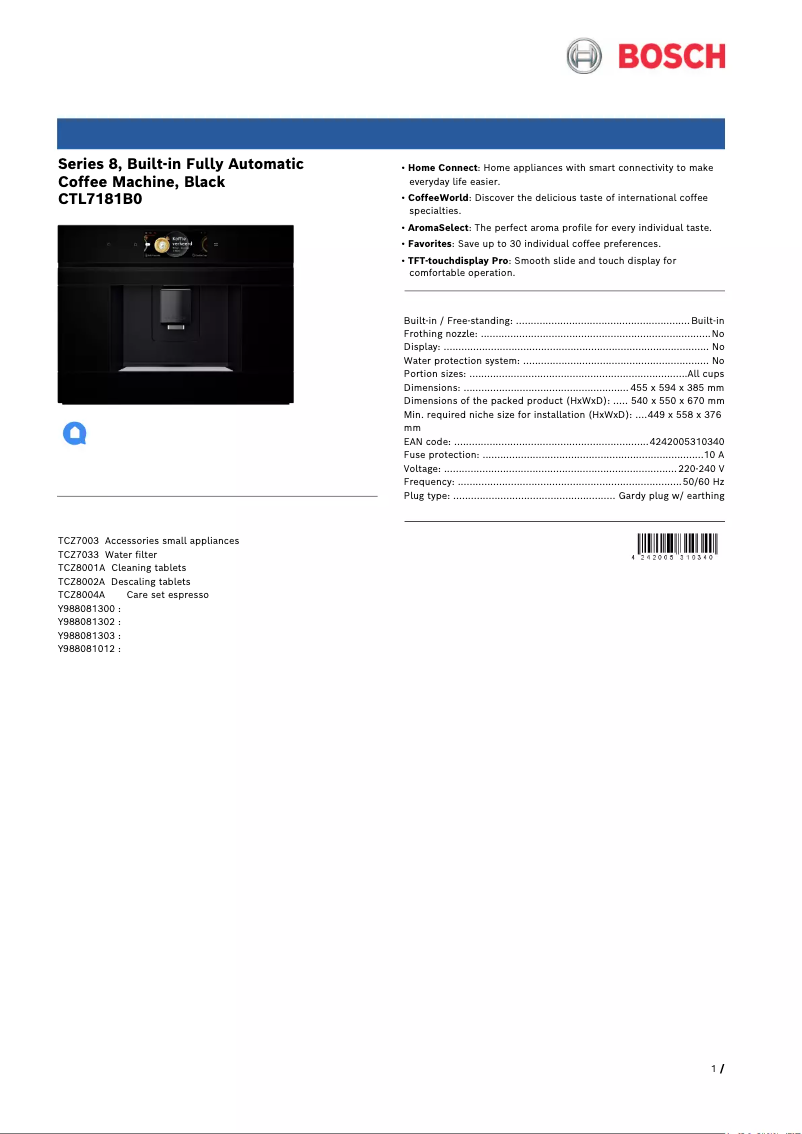 Page 1 de la notice Fiche technique Bosch CTL7181B0