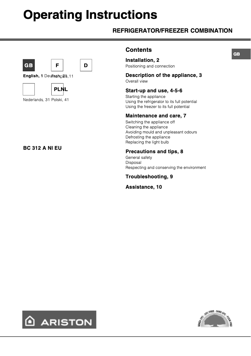 Page 1 de la notice Manuel utilisateur Hotpoint Ariston BC 312 AN/I