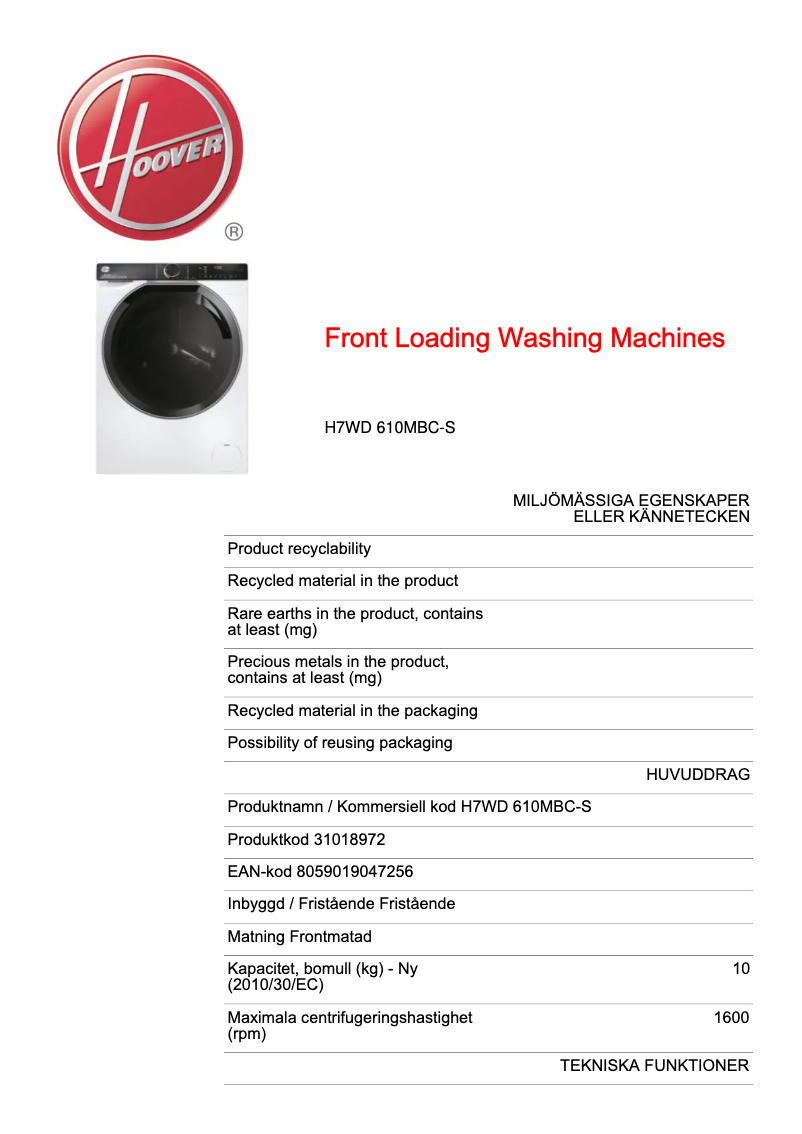 Page n°1 - Fiche technique Hoover H7WD 610MBC-S
