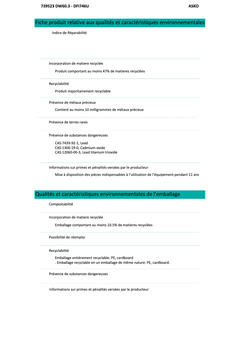 Page 1 de la notice Fiche technique Asko DFI746U