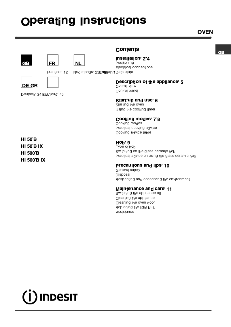Page n°1 - Manuel utilisateur Indesit HI 500.B IX