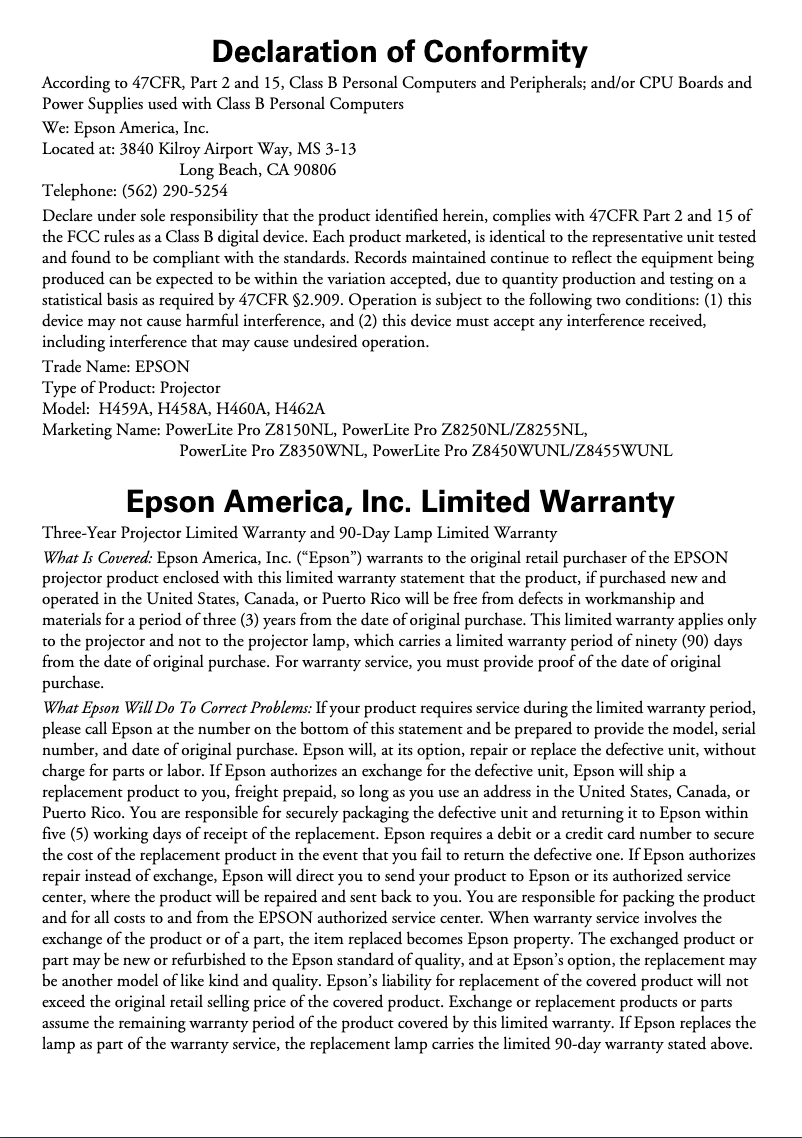 Page 1 de la notice Informations de garantie Epson PowerLite Pro Z8455WUNL