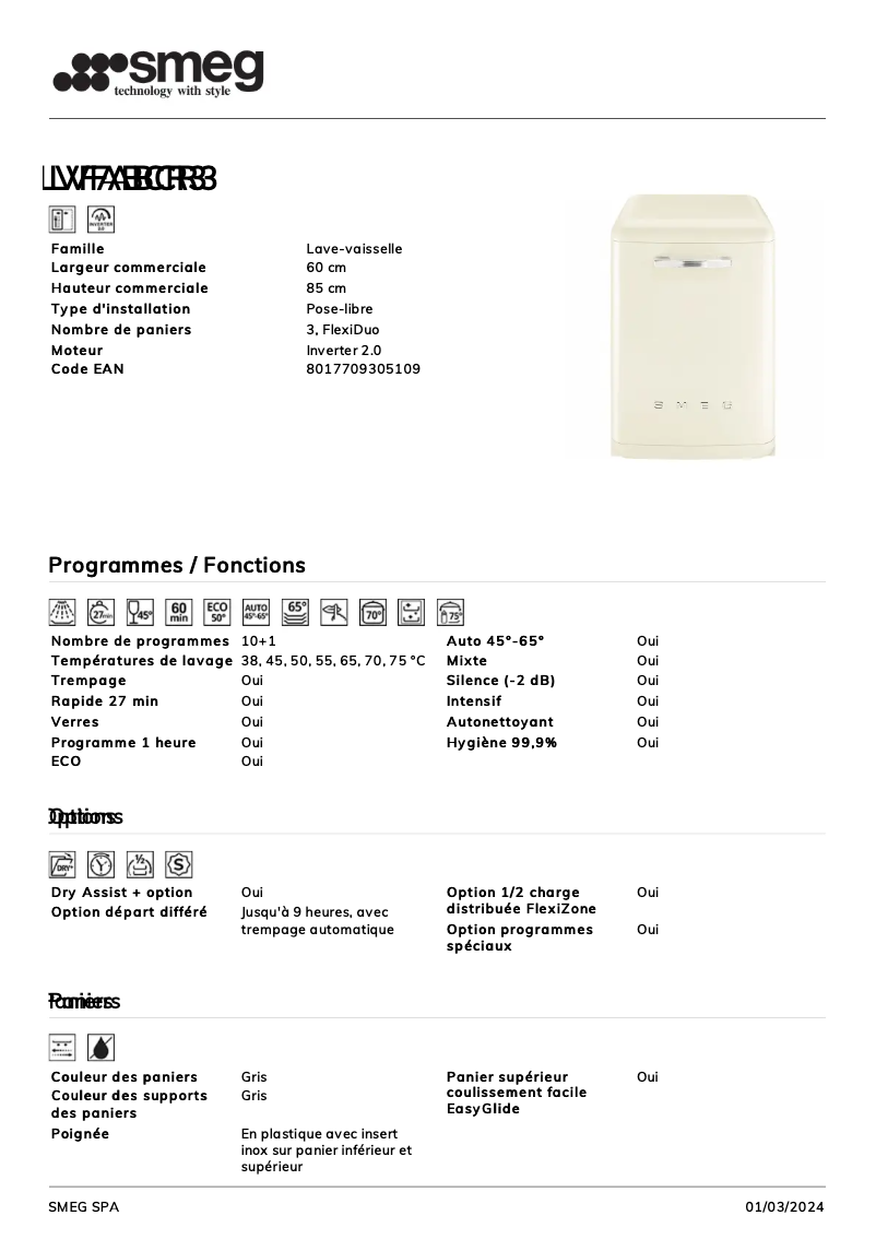 Page 1 de la notice Fiche technique Smeg LVFABCR3