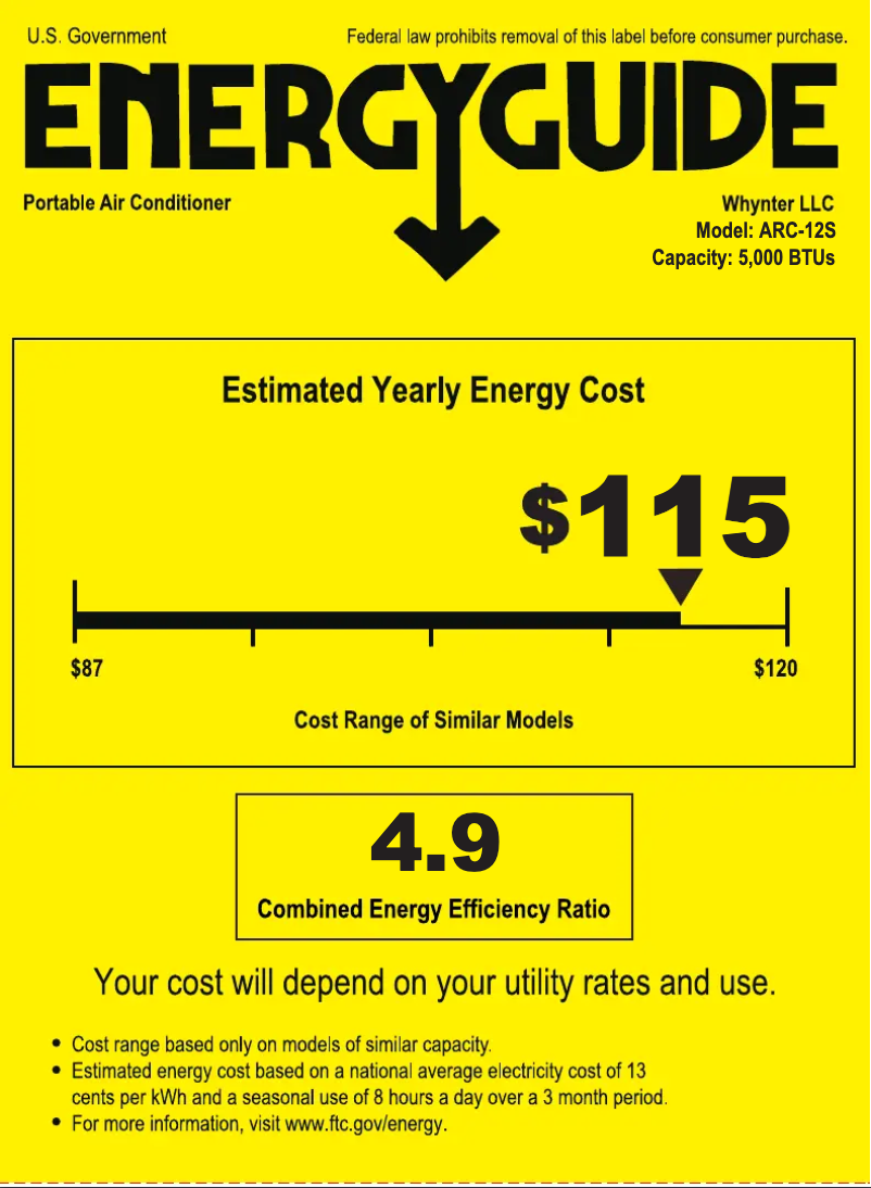 Page 1 de la notice Label énergétique Whynter ARC-12S