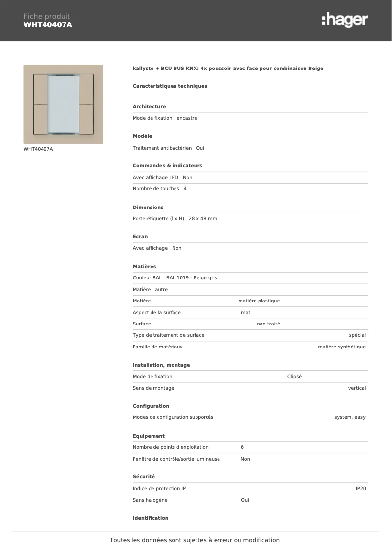 Page 1 de la notice Fiche technique Hager WHT40407A