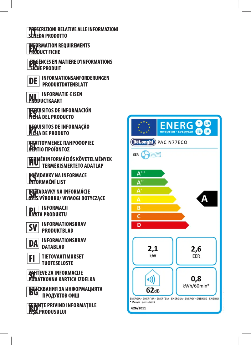 Page 1 de la notice Fiche technique DeLonghi Pinguino PAC N77 ECO