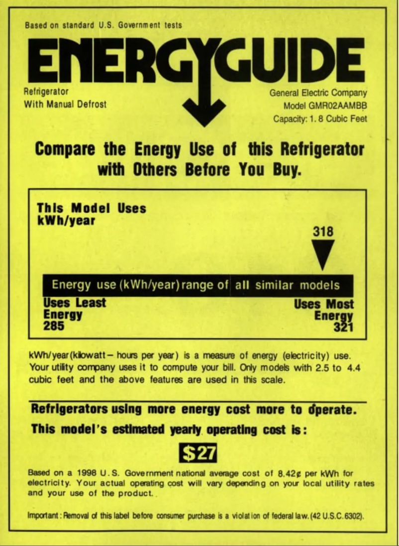 Page 1 de la notice Label énergétique GE GMR02AAMBB