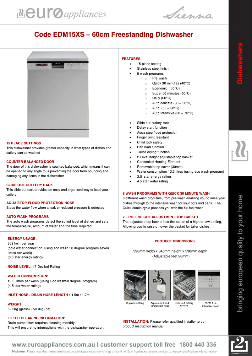 Page 1 de la notice Fiche technique Euro Appliances EDM15XS