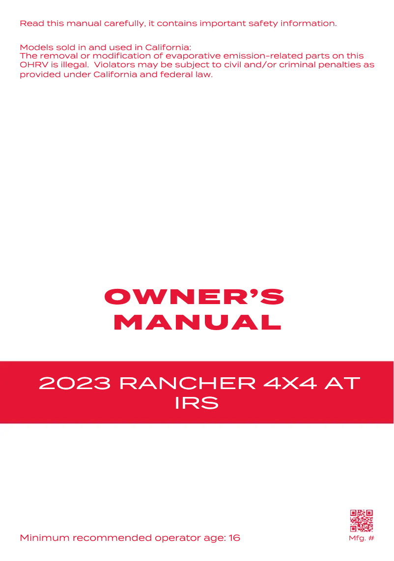 Page 1 de la notice Manuel utilisateur Honda Rancher Fourtrax (2023)