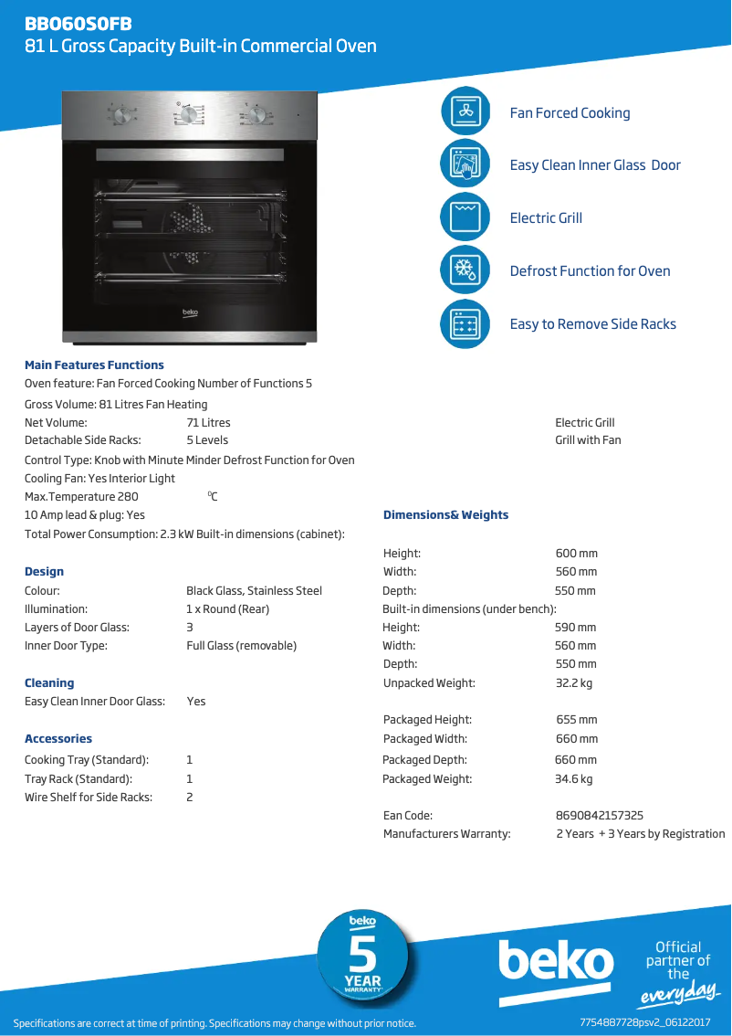 Page 1 de la notice Fiche technique Beko BBO60S0FB