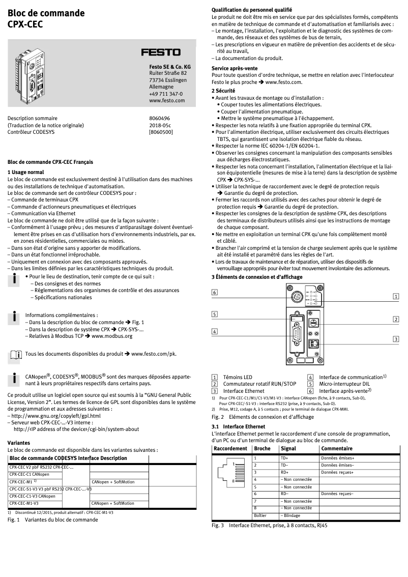 Page 1 de la notice Manuel utilisateur Festo CPX-CEC-M1-V3