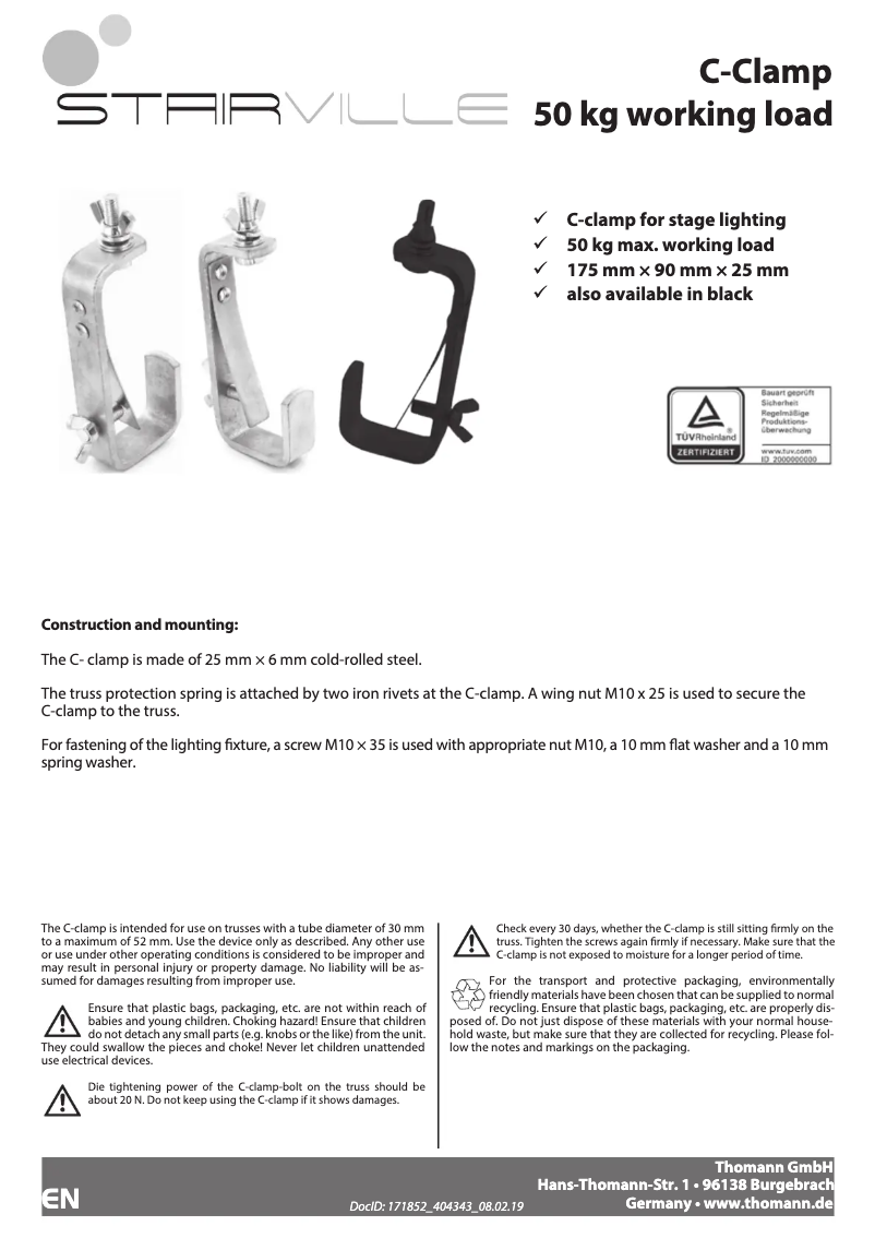 Page 1 de la notice Manuel utilisateur Stairville C-Clamp