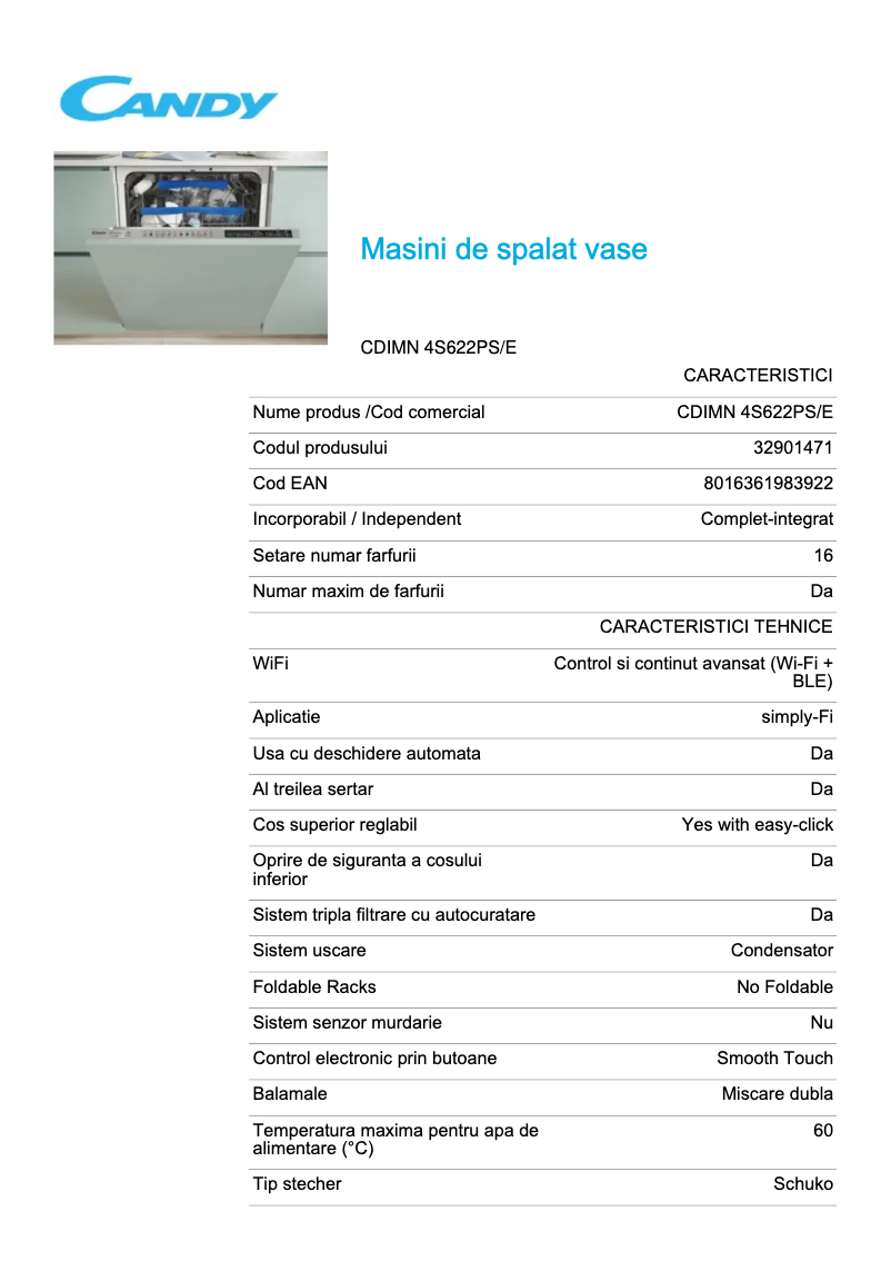 Page 1 de la notice Fiche technique Candy CDIMN 4S622PS