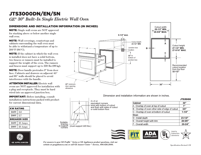 Page 1 de la notice Fiche technique GE JTS3000ENES