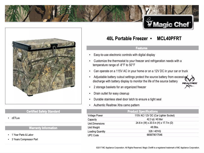 Página 1 del manual Ficha técnica Magic Chef MCL40PFRT