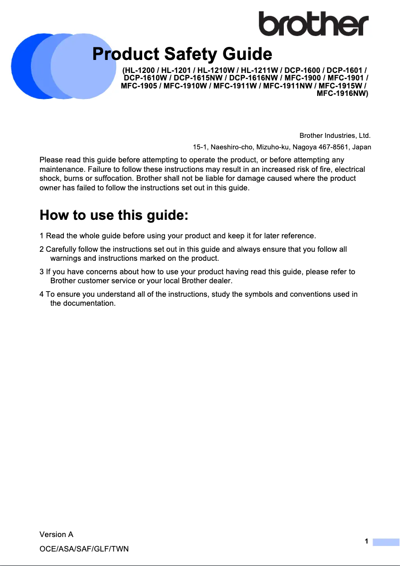 Page 1 de la notice Instructions de sécurité Brother HL-1210W