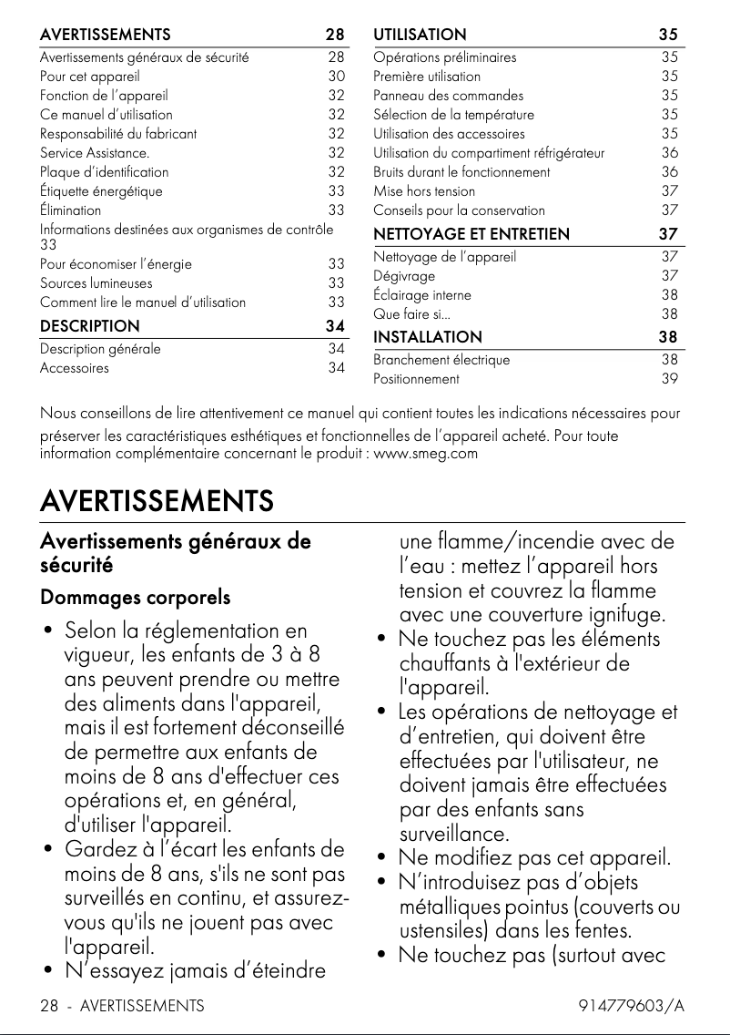 Page 1 de la notice Informations de garantie Smeg FAB10HLBL6