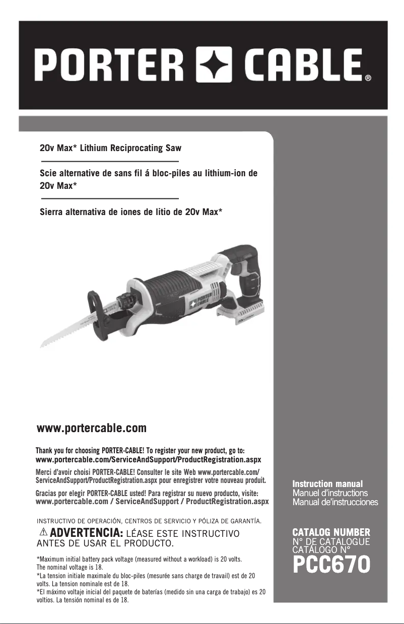 Page 1 de la notice Manuel utilisateur Porter-Cable PCC670B