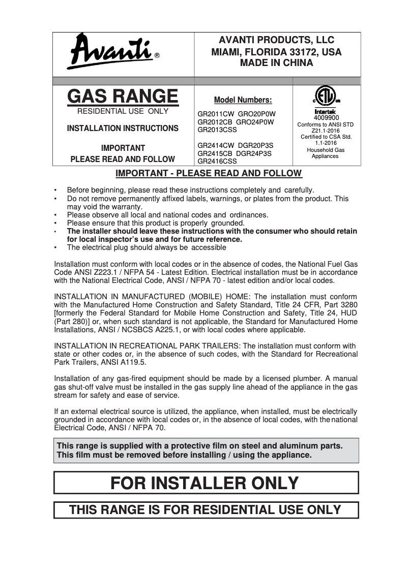 Page 1 de la notice Guide d'installation Avanti GR2414CW