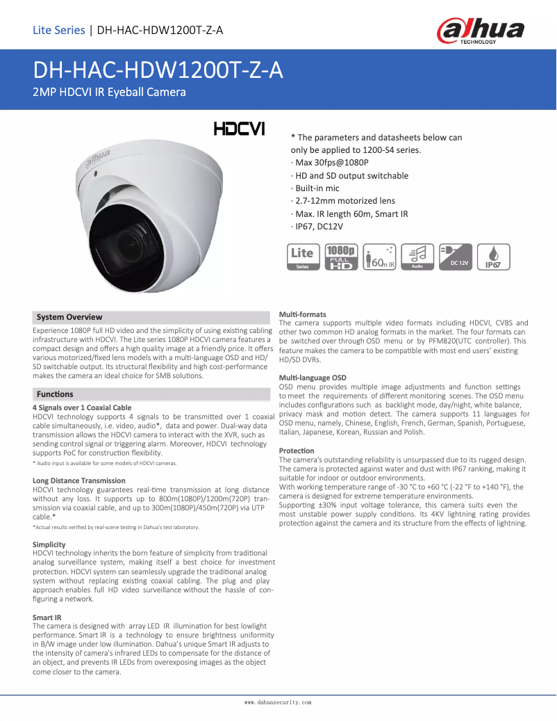 Page n°1 - Fiche technique Dahua Technology HAC-HDW1200T-Z-A