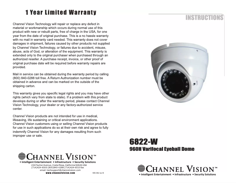 Page n°1 - Manuel utilisateur Channel Vision 6822-W