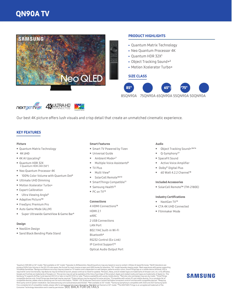 Page 1 de la notice Fiche technique Samsung QN50QN90A