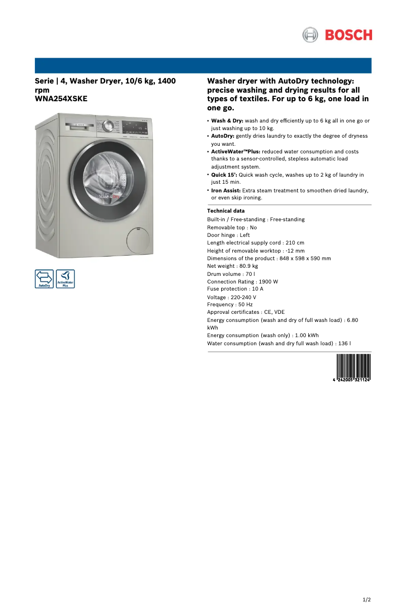 Image de la première page du manuel de l'appareil WNA254XSKE