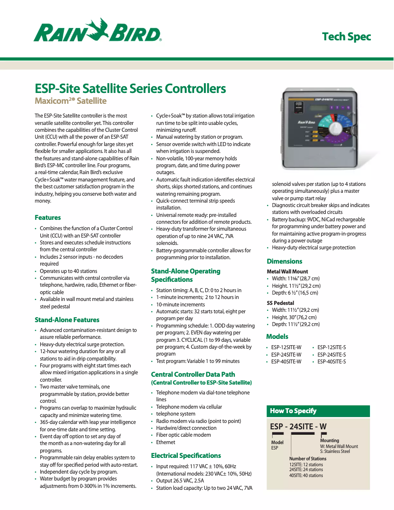 Página 1 del manual Ficha técnica Rain Bird ESP-SITE