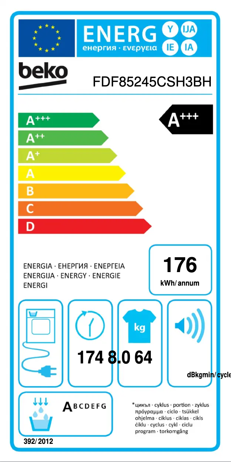 Page 1 de la notice Label énergétique Beko FDF85245CSH3BH