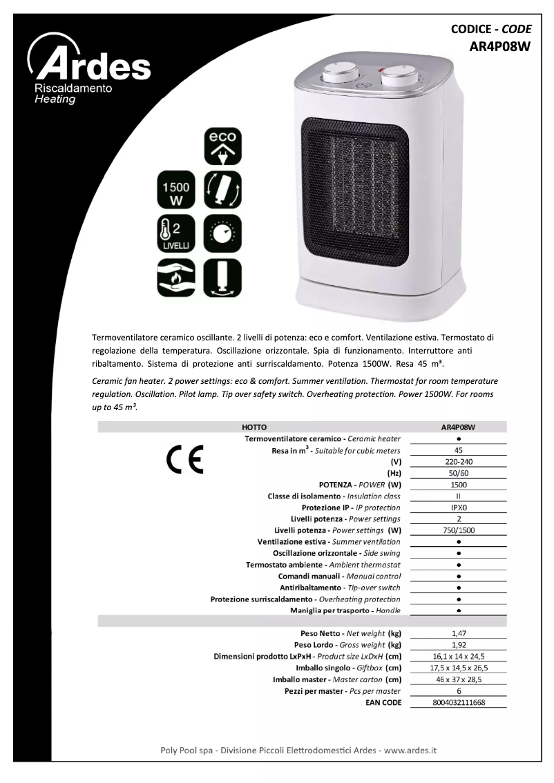 Page n°1 - Fiche technique Ardes AR4P08W