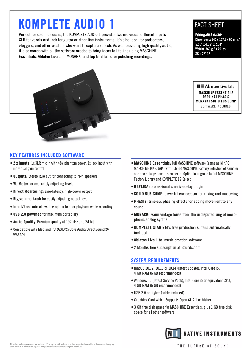 First page image of the manual for Komplete Audio 1