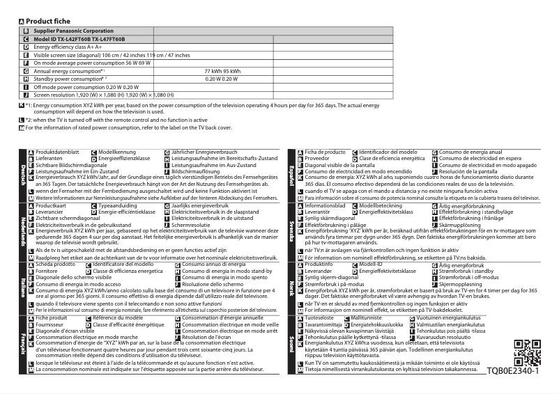 Página 1 del manual Ficha técnica Panasonic TX-L42FT60B