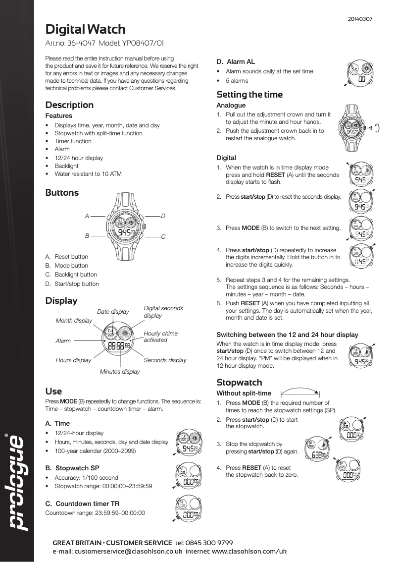 Page 1 de la notice Manuel utilisateur Prologue YP08407/01