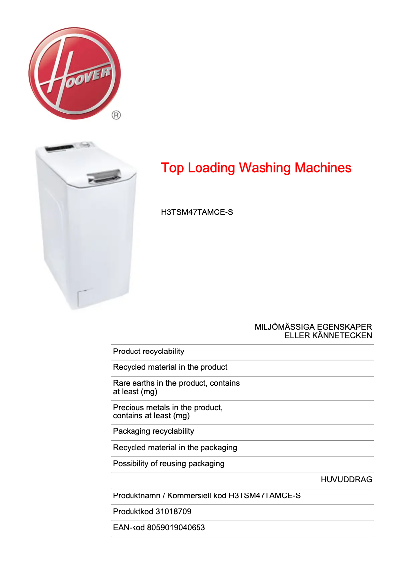 Page n°1 - Fiche technique Hoover H3TSM47TAMCE-S