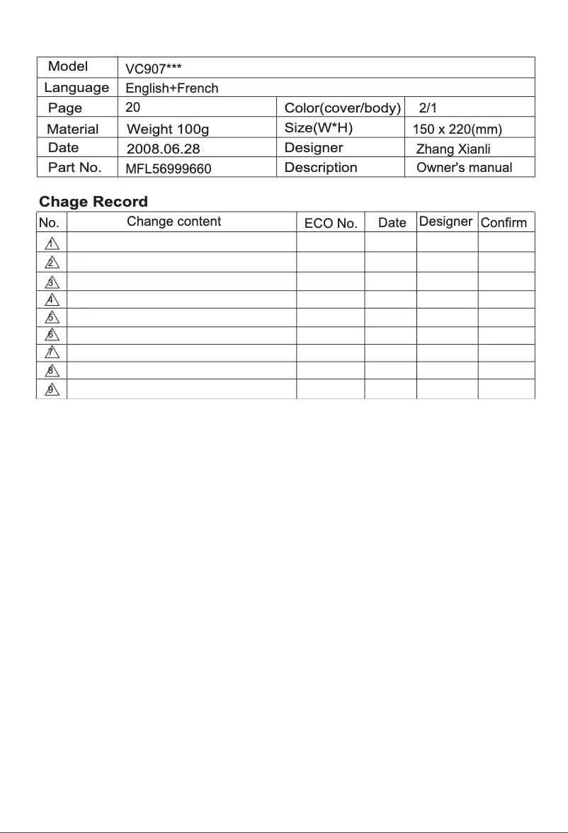 Page n°1 - Manuel utilisateur LG VC9073MR