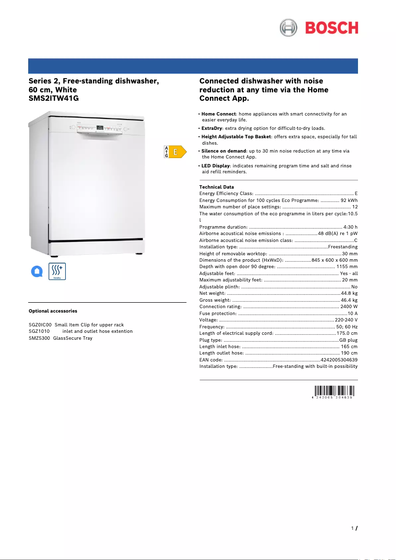 Page n°1 - Fiche technique Bosch SMS2ITW41G