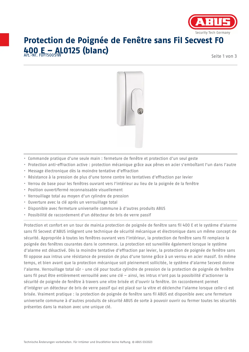 Page n°1 - Fiche technique Abus FUFT50051W